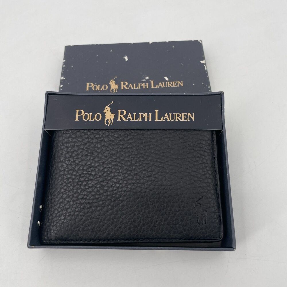 Polo Ralph Lauren CATALINA Pass Case Black Pebbled Leather Bifold Wallet NEW